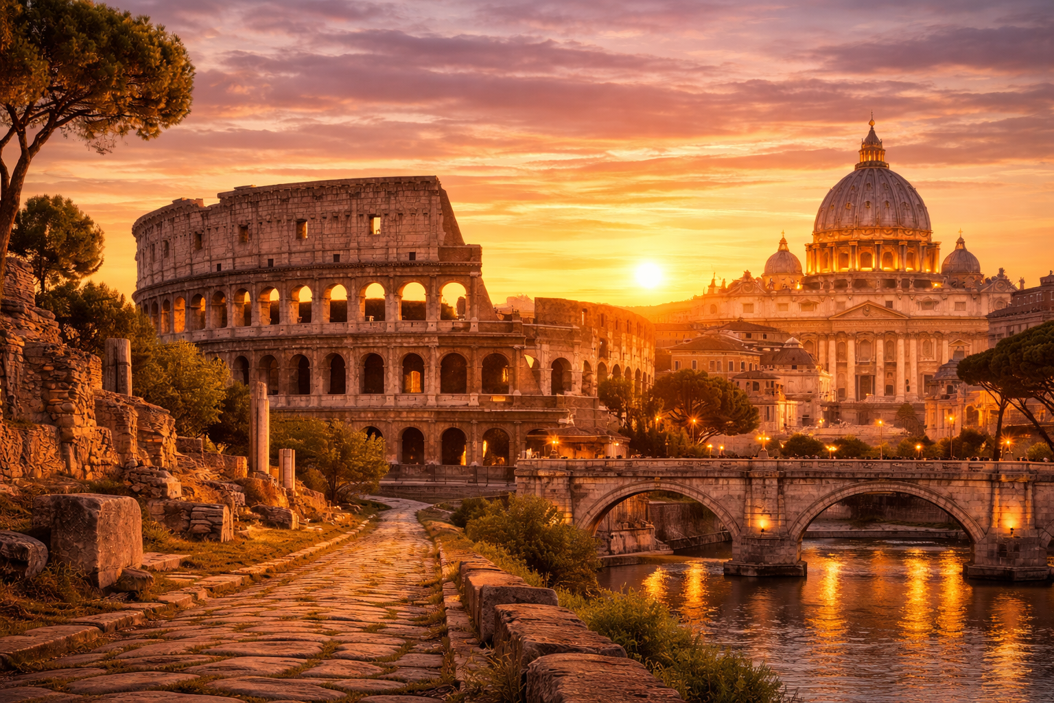 <b>From Empire to Papacy</b><br> Locations: Ostia Antica – Tiber – Rome<br>  Main Highlights: Ostia Antica archaeological site, Tiber experience (boat or route), Golf cart tour of Imperial Rome, Baroque Rome landmarks